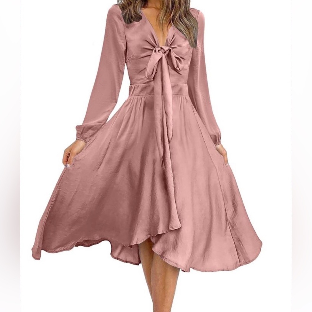 BTFBM Satin V Neck Cocktail Dress Midi Small Brown Mauve Ruffle A Line Party EUC